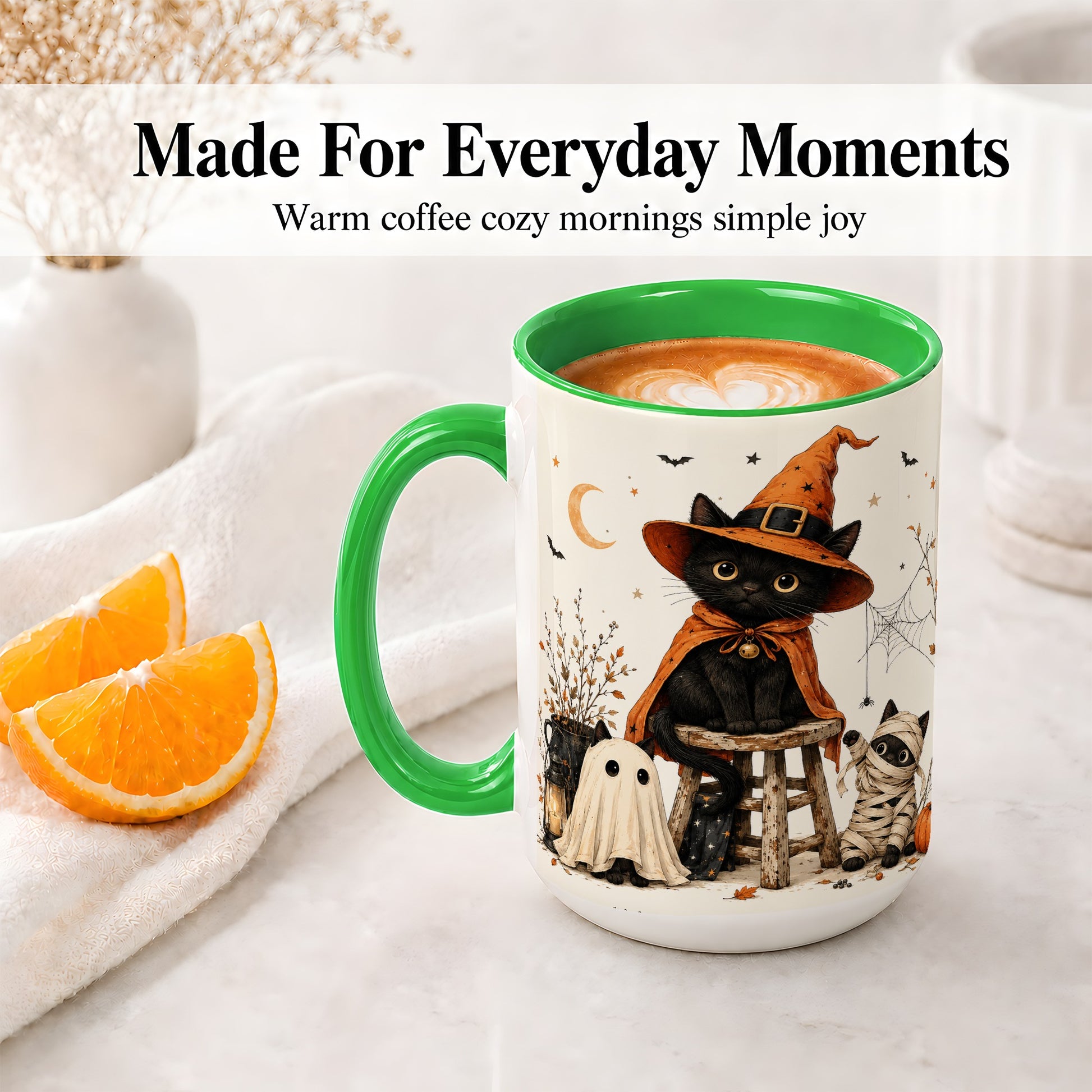 #pl[15oz|Green] Halloween Black Cat Ceramic Mug, Witch Ghost Mummy Cat Design