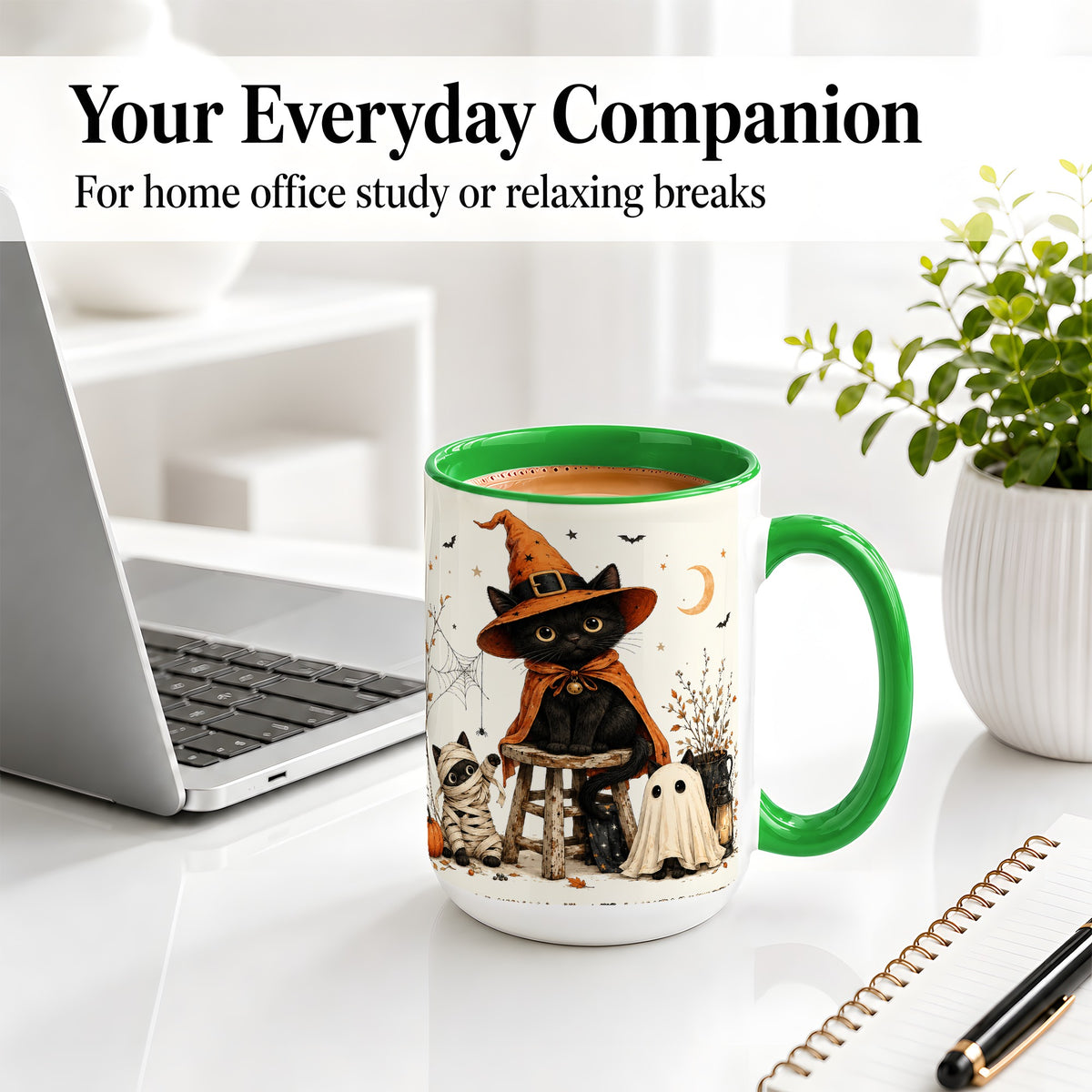 #pl[15oz|Green] Halloween Black Cat Ceramic Mug, Witch Ghost Mummy Cat Design