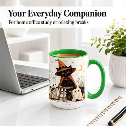 #pl[15oz|Green] Halloween Black Cat Ceramic Mug, Witch Ghost Mummy Cat Design