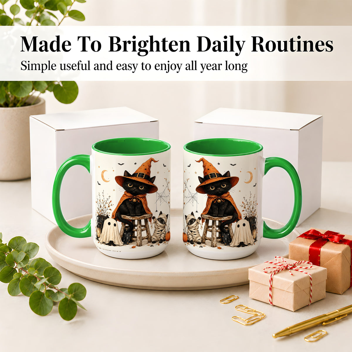 #pl[15oz|Green] Halloween Black Cat Ceramic Mug, Witch Ghost Mummy Cat Design