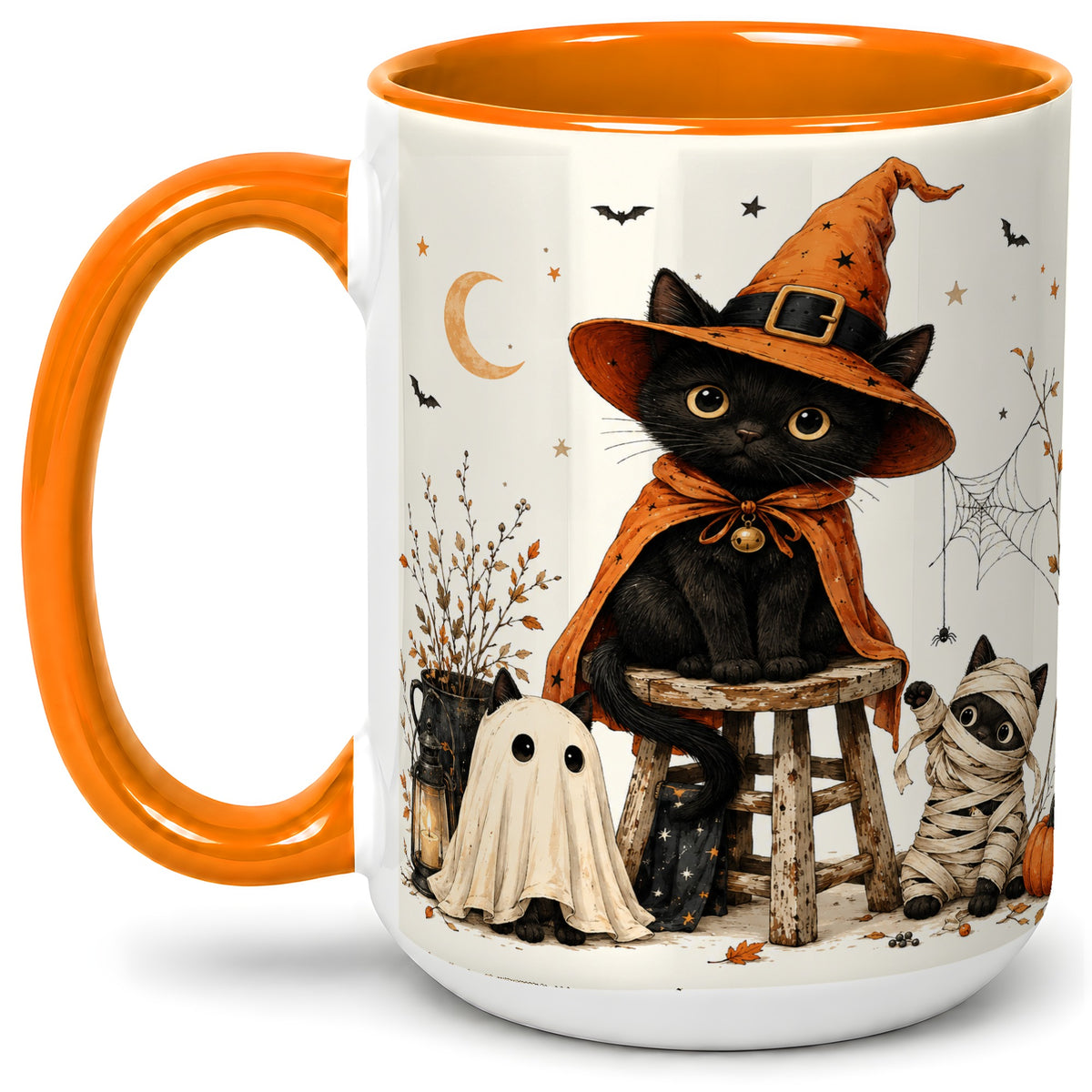 #pl[15oz|Orange] Halloween Black Cat Ceramic Mug, Witch Ghost Mummy Cat Design