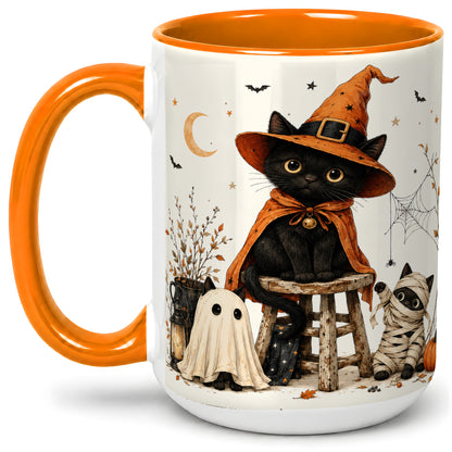 #pl[15oz|Orange] Halloween Black Cat Ceramic Mug, Witch Ghost Mummy Cat Design