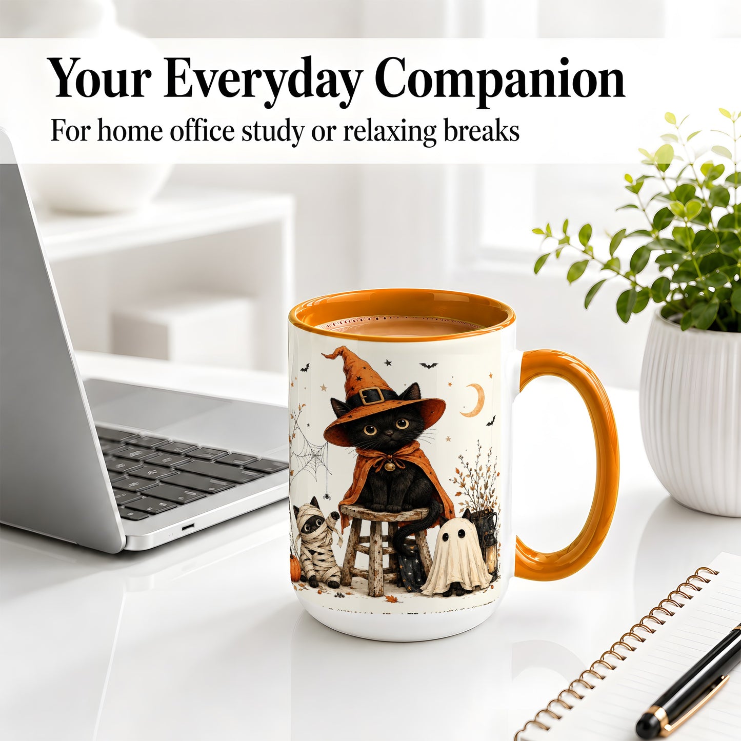 #pl[15oz|Orange] Halloween Black Cat Ceramic Mug, Witch Ghost Mummy Cat Design