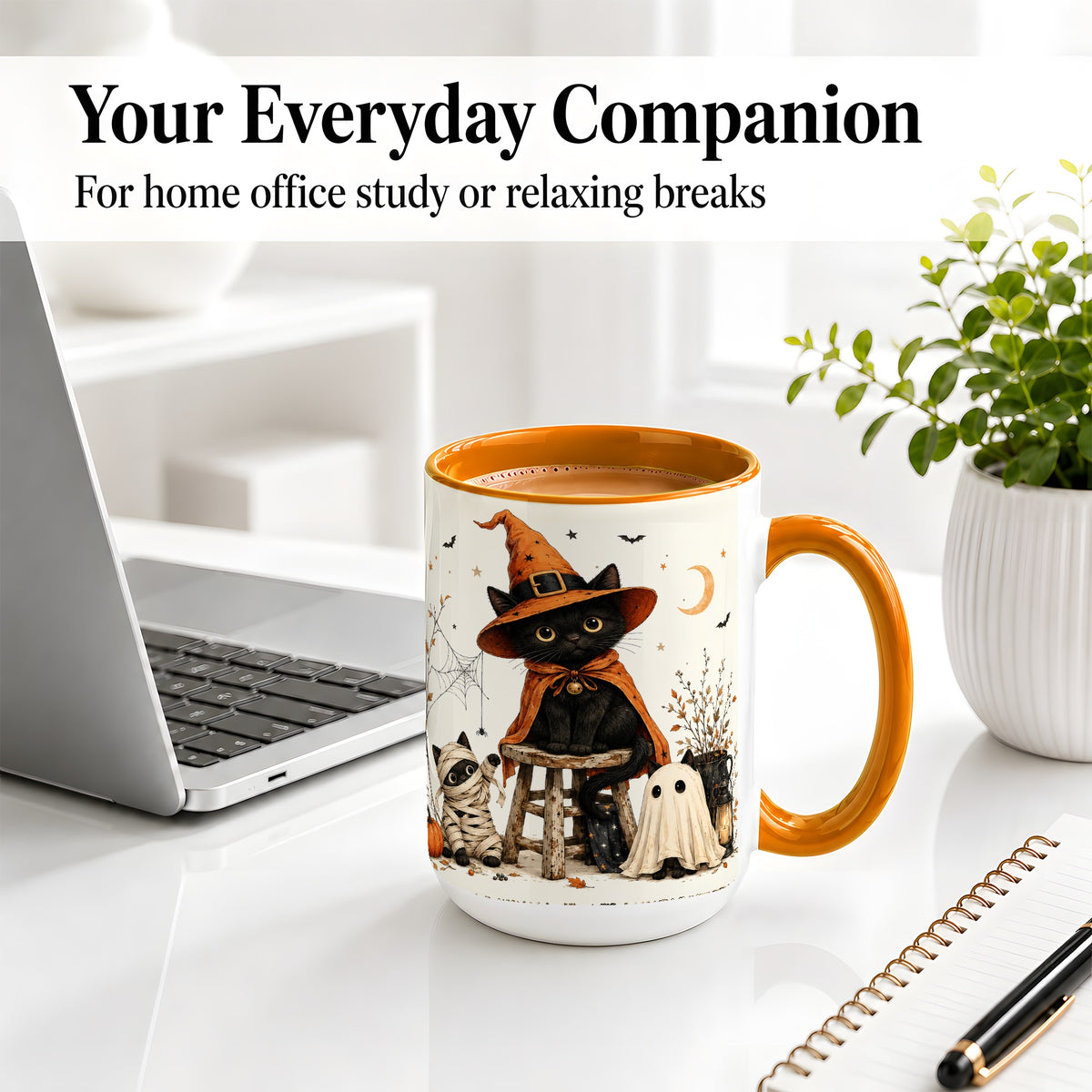 #pl[15oz|Orange] Halloween Black Cat Ceramic Mug, Witch Ghost Mummy Cat Design