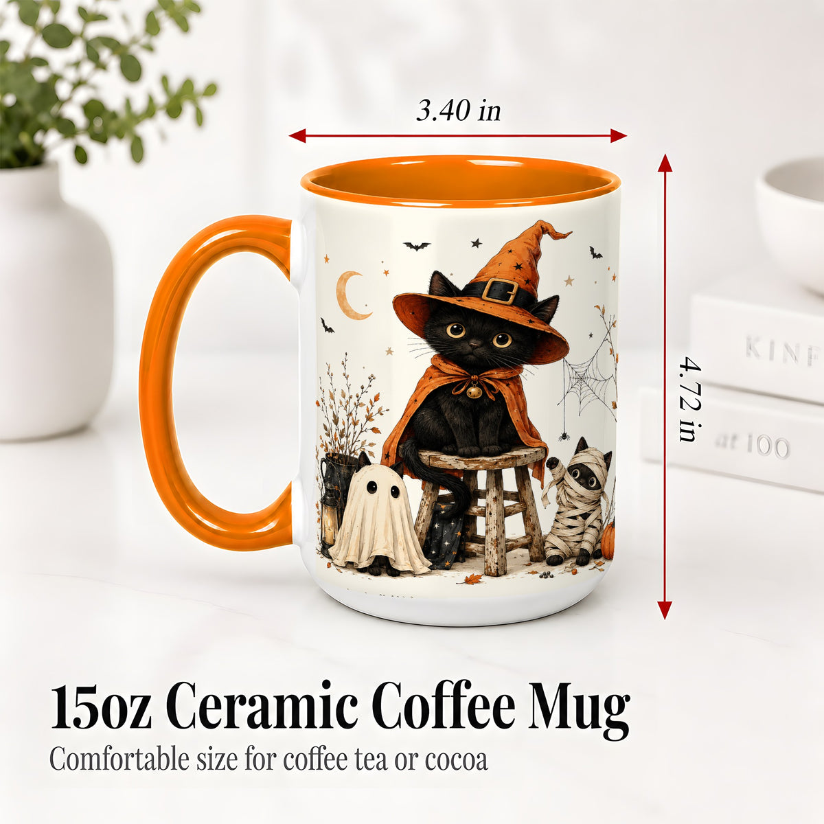 #pl[15oz|Orange] Halloween Black Cat Ceramic Mug, Witch Ghost Mummy Cat Design
