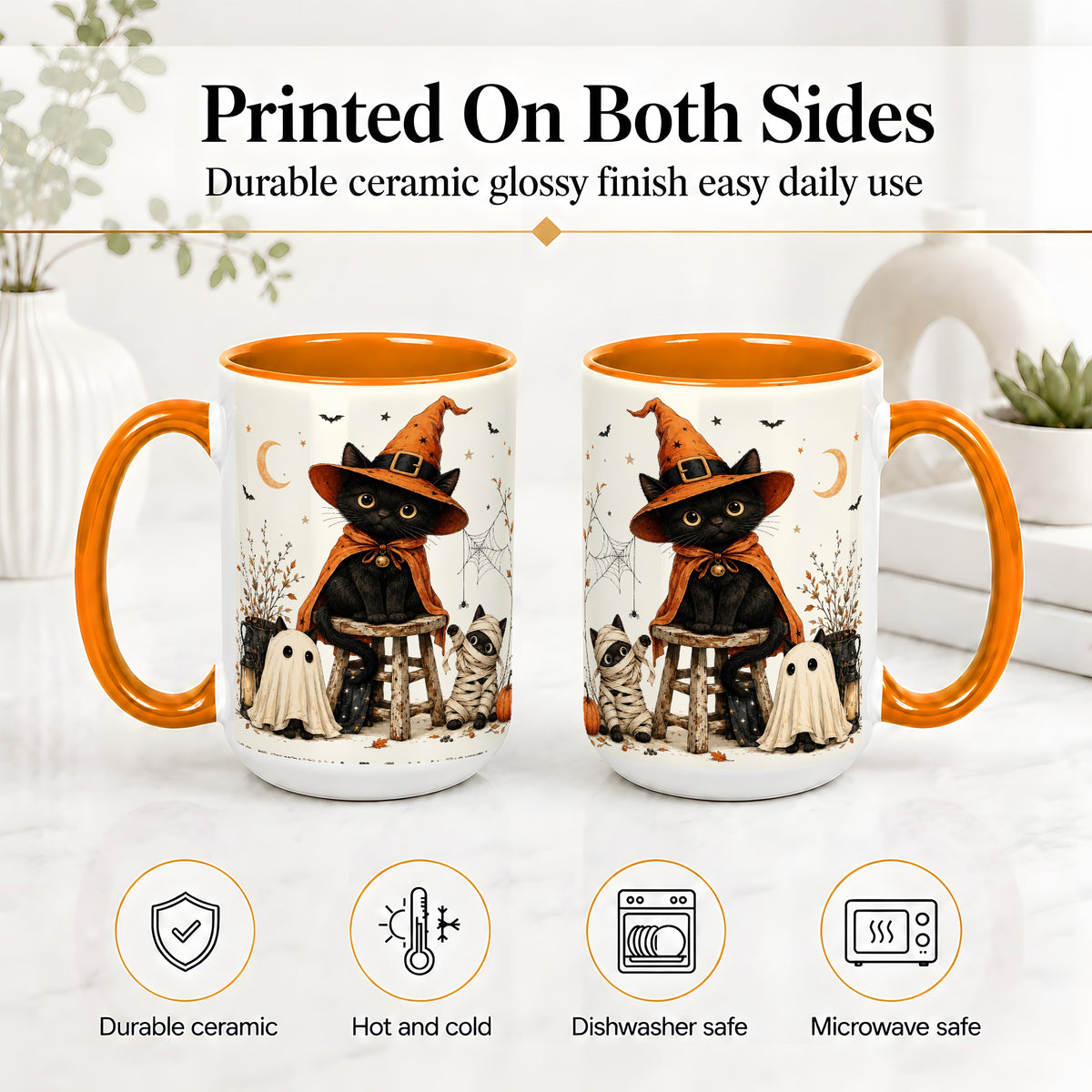 #pl[15oz|Orange] Halloween Black Cat Ceramic Mug, Witch Ghost Mummy Cat Design