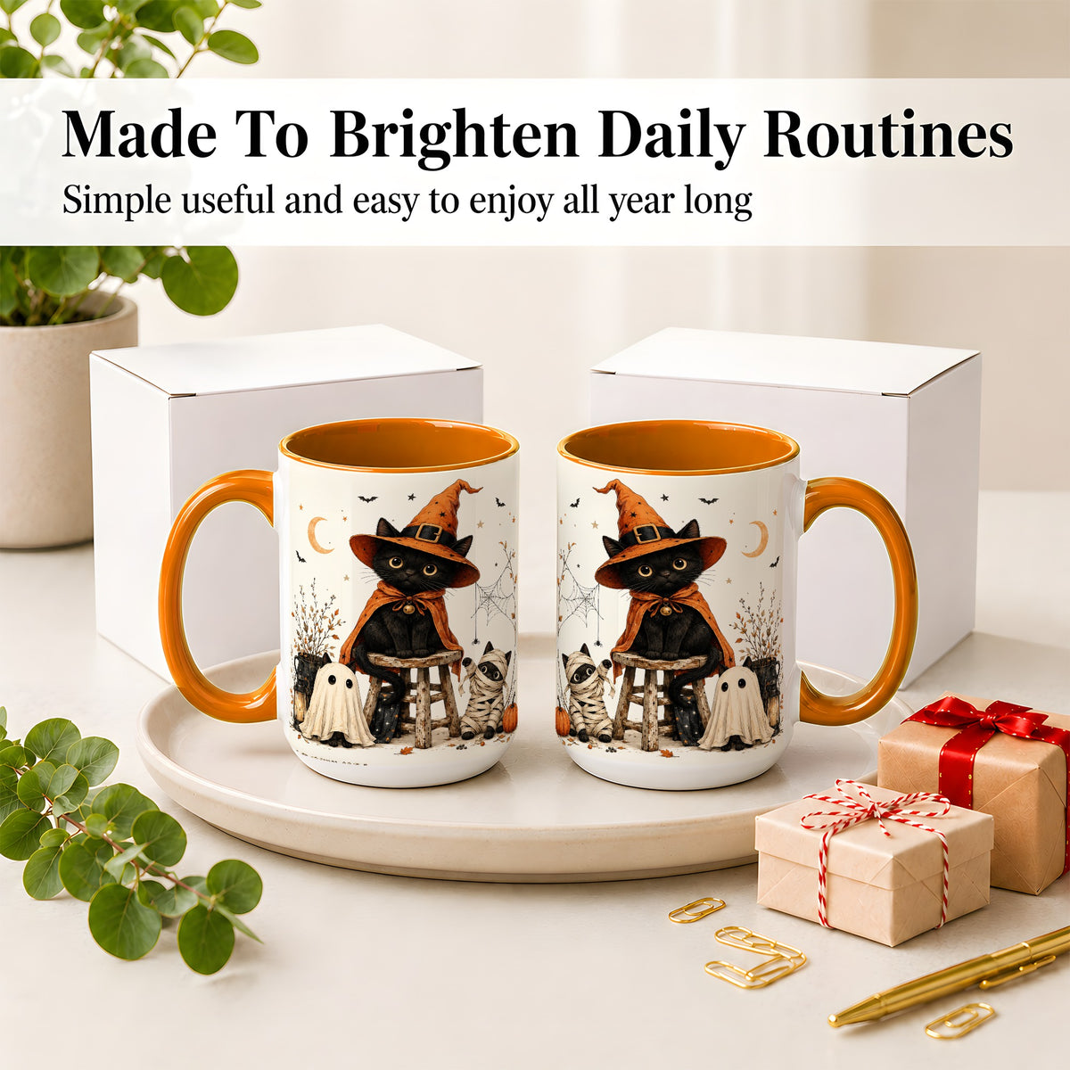 #pl[15oz|Orange] Halloween Black Cat Ceramic Mug, Witch Ghost Mummy Cat Design