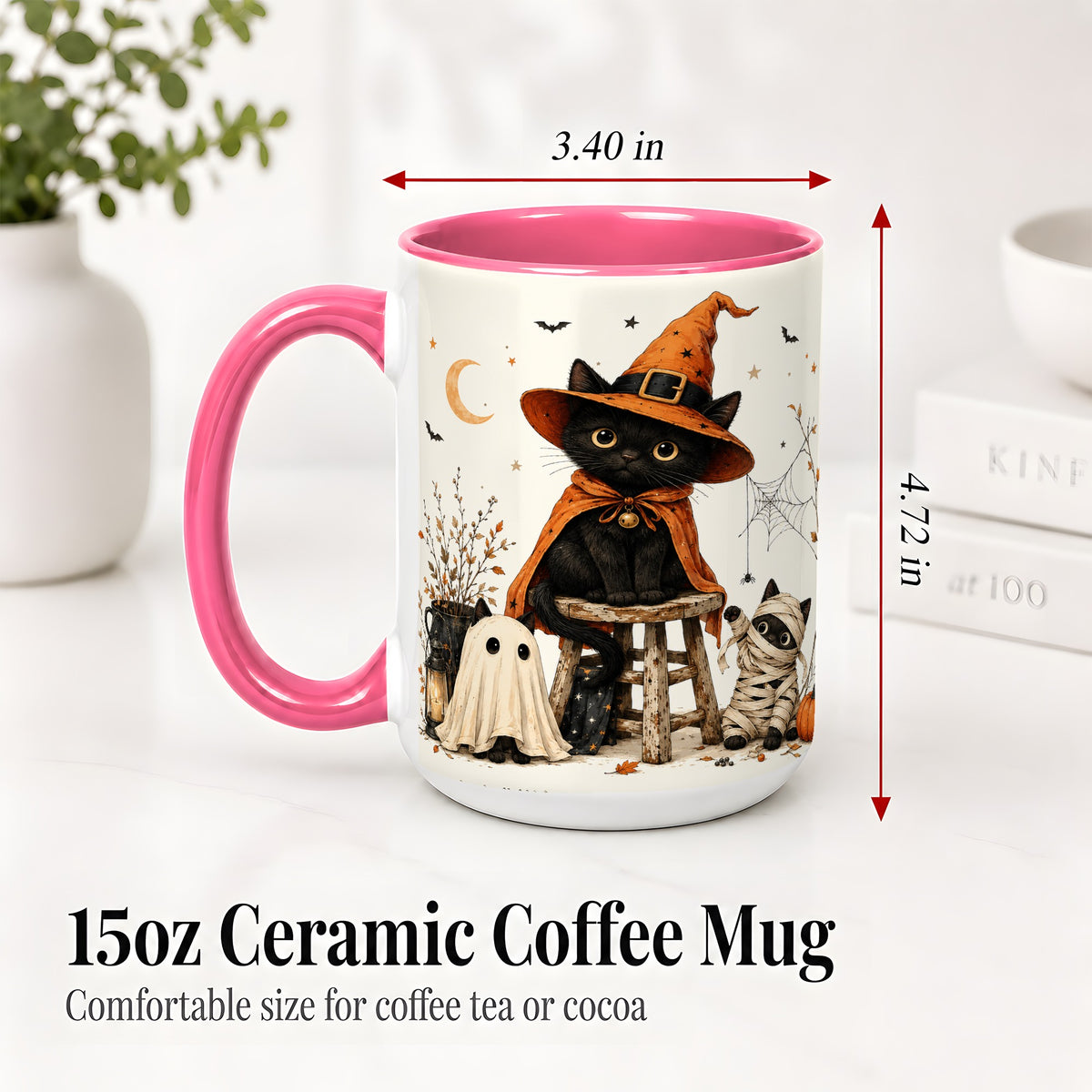 #pl[15oz|Pink] Halloween Black Cat Ceramic Mug, Witch Ghost Mummy Cat Design