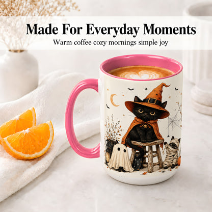 #pl[15oz|Pink] Halloween Black Cat Ceramic Mug, Witch Ghost Mummy Cat Design