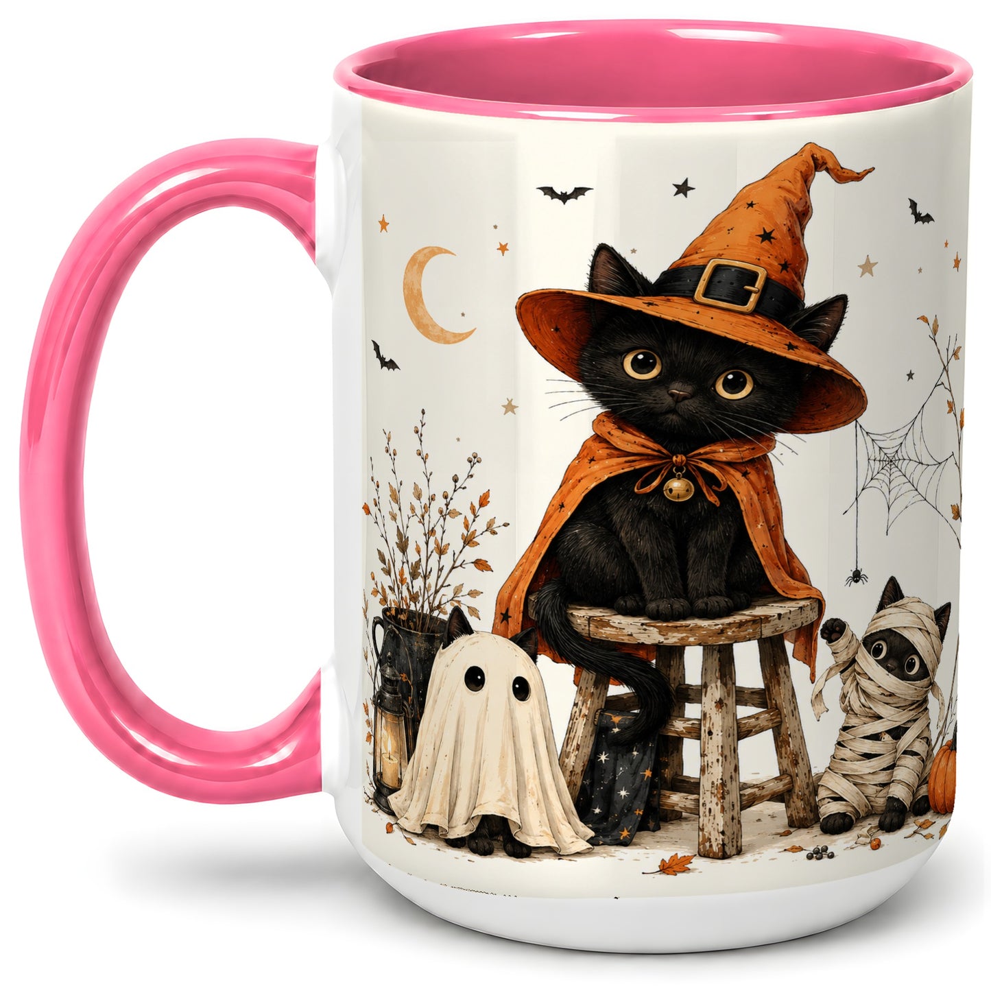 #pl[15oz|Pink] Halloween Black Cat Ceramic Mug, Witch Ghost Mummy Cat Design