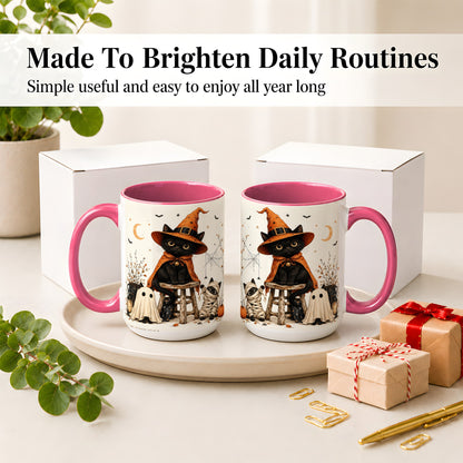 #pl[15oz|Pink] Halloween Black Cat Ceramic Mug, Witch Ghost Mummy Cat Design
