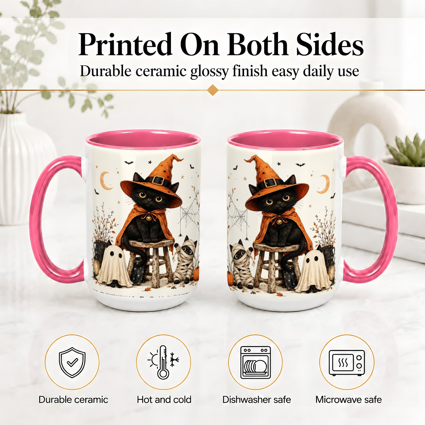 #pl[15oz|Pink] Halloween Black Cat Ceramic Mug, Witch Ghost Mummy Cat Design