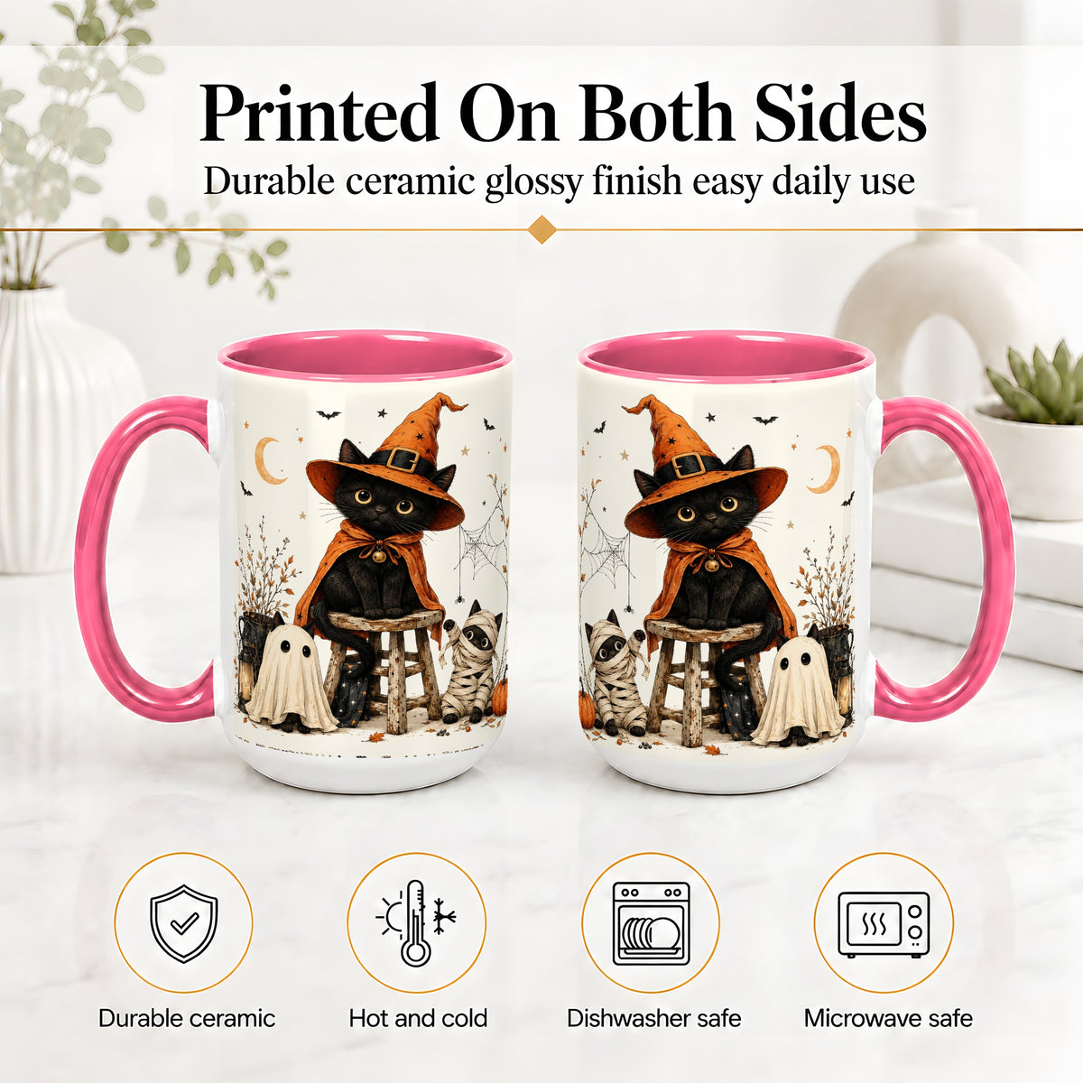 #pl[15oz|Pink] Halloween Black Cat Ceramic Mug, Witch Ghost Mummy Cat Design