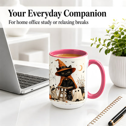 #pl[15oz|Pink] Halloween Black Cat Ceramic Mug, Witch Ghost Mummy Cat Design