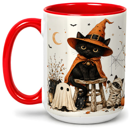 #pl[15oz|Red] Halloween Black Cat Ceramic Mug, Witch Ghost Mummy Cat Design