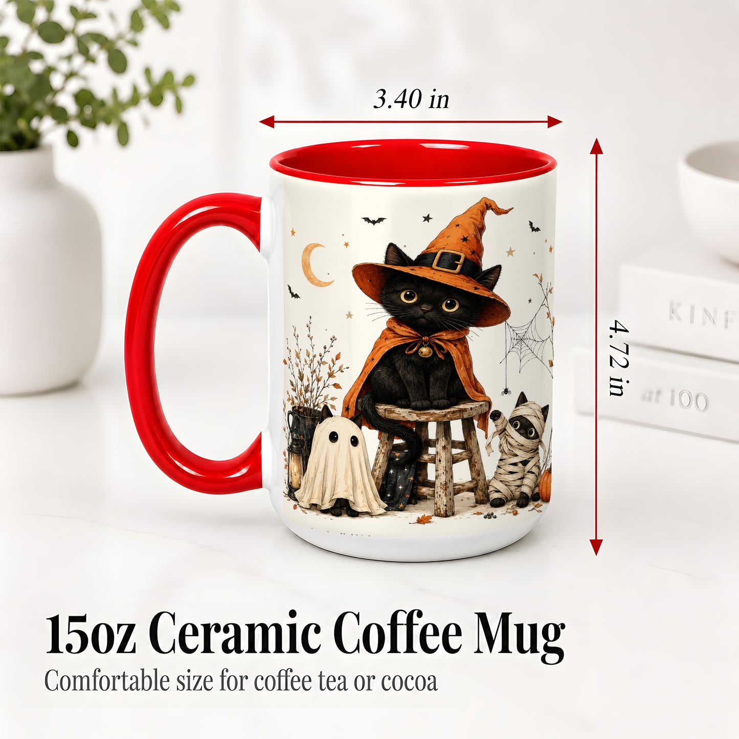 #pl[15oz|Red] Halloween Black Cat Ceramic Mug, Witch Ghost Mummy Cat Design