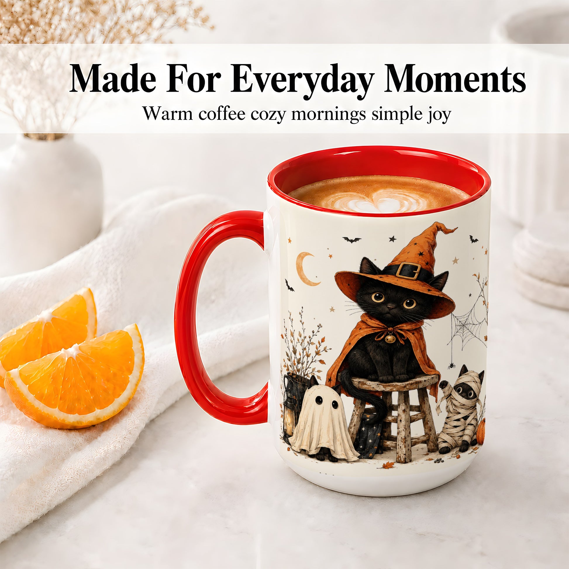 #pl[15oz|Red] Halloween Black Cat Ceramic Mug, Witch Ghost Mummy Cat Design