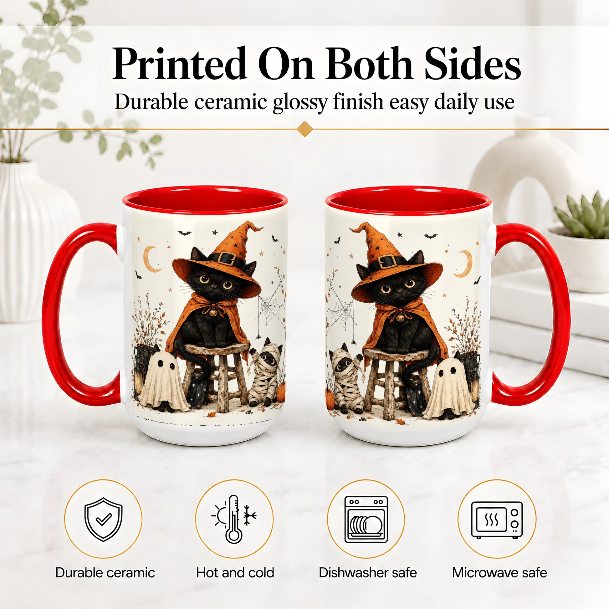 #pl[15oz|Red] Halloween Black Cat Ceramic Mug, Witch Ghost Mummy Cat Design