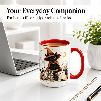 #pl[15oz|Red] Halloween Black Cat Ceramic Mug, Witch Ghost Mummy Cat Design