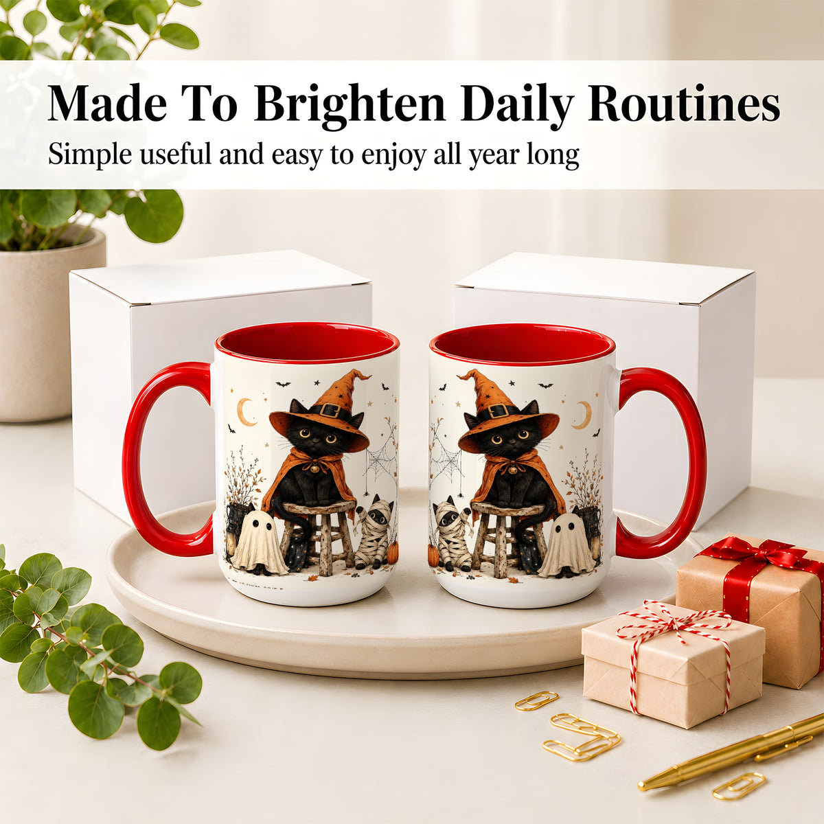 #pl[15oz|Red] Halloween Black Cat Ceramic Mug, Witch Ghost Mummy Cat Design