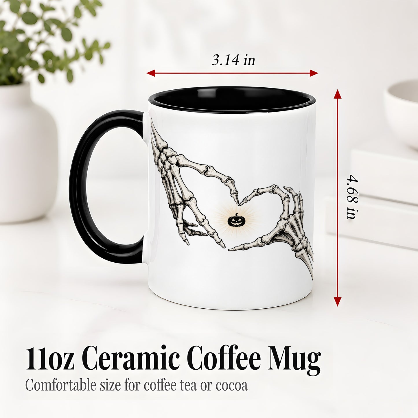 #pl[11oz|Black] Skeleton Heart Hands Ceramic Mug, Jack O Lantern Halloween Art
