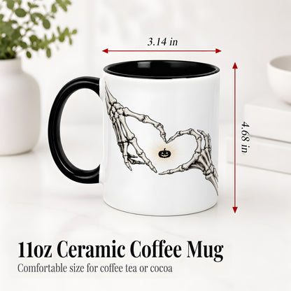 #pl[11oz|Black] Skeleton Heart Hands Ceramic Mug, Jack O Lantern Halloween Art