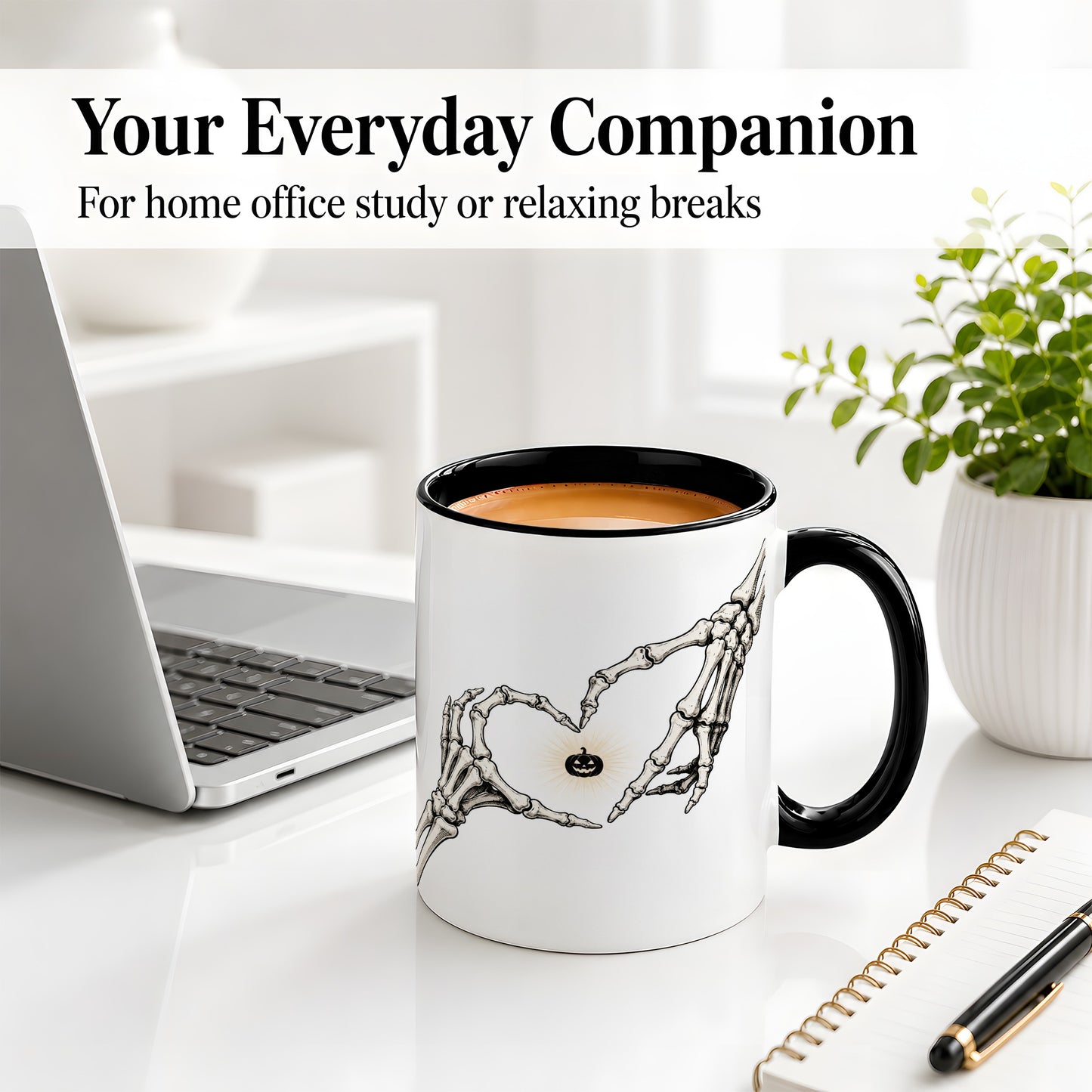 #pl[11oz|Black] Skeleton Heart Hands Ceramic Mug, Jack O Lantern Halloween Art