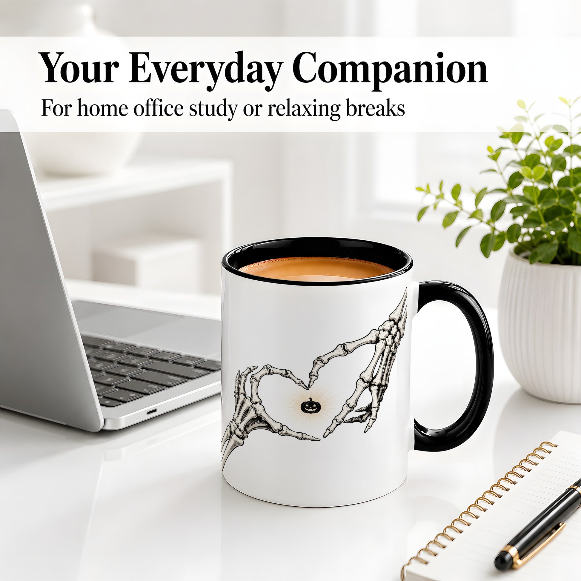 #pl[11oz|Black] Skeleton Heart Hands Ceramic Mug, Jack O Lantern Halloween Art