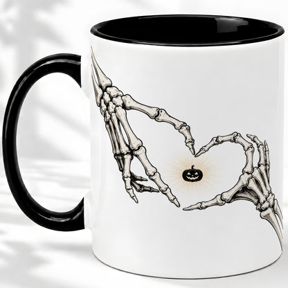 #pl[11oz|Black] Skeleton Heart Hands Ceramic Mug, Jack O Lantern Halloween Art