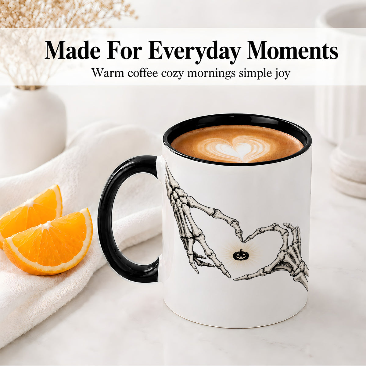 #pl[11oz|Black] Skeleton Heart Hands Ceramic Mug, Jack O Lantern Halloween Art