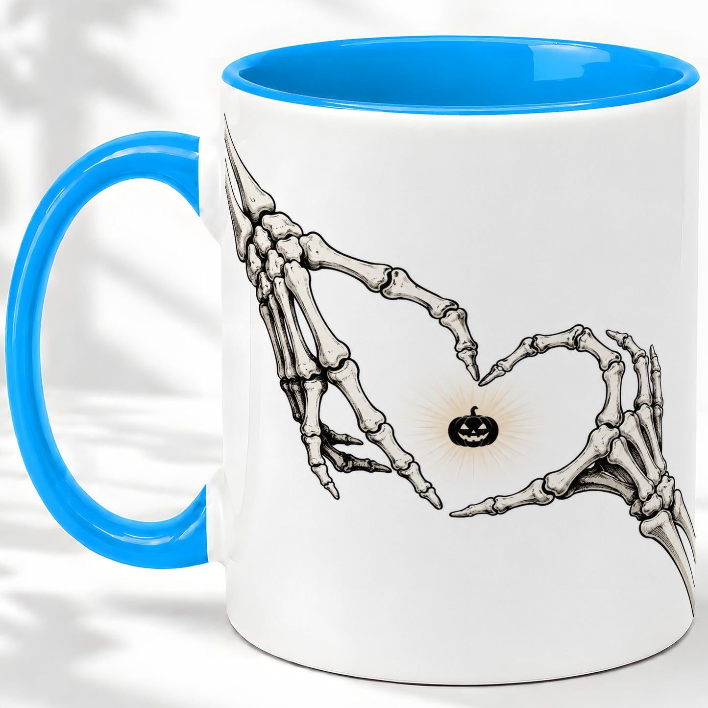 #pl[11oz|Blue] Skeleton Heart Hands Ceramic Mug, Jack O Lantern Halloween Art
