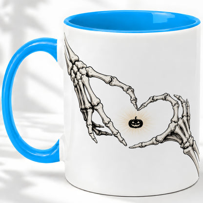 #pl[11oz|Blue] Skeleton Heart Hands Ceramic Mug, Jack O Lantern Halloween Art