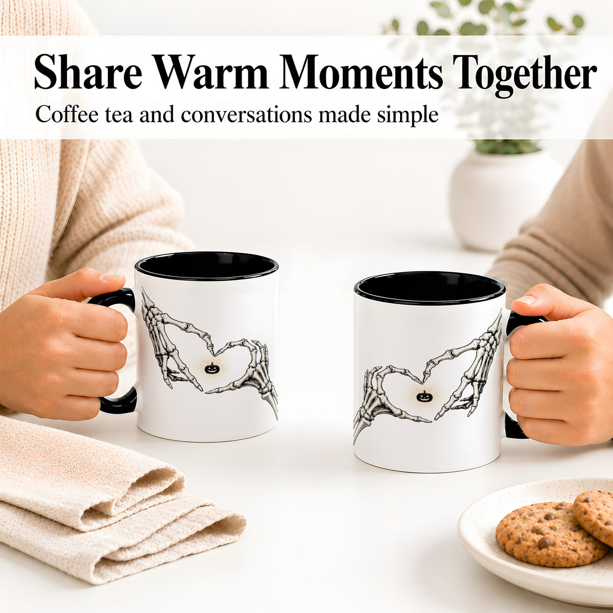 #pl[11oz|Black] Skeleton Heart Hands Ceramic Mug, Jack O Lantern Halloween Art
