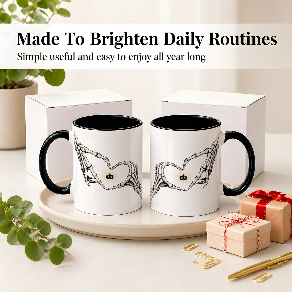 #pl[11oz|Black] Skeleton Heart Hands Ceramic Mug, Jack O Lantern Halloween Art
