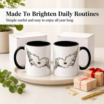 #pl[11oz|Black] Skeleton Heart Hands Ceramic Mug, Jack O Lantern Halloween Art