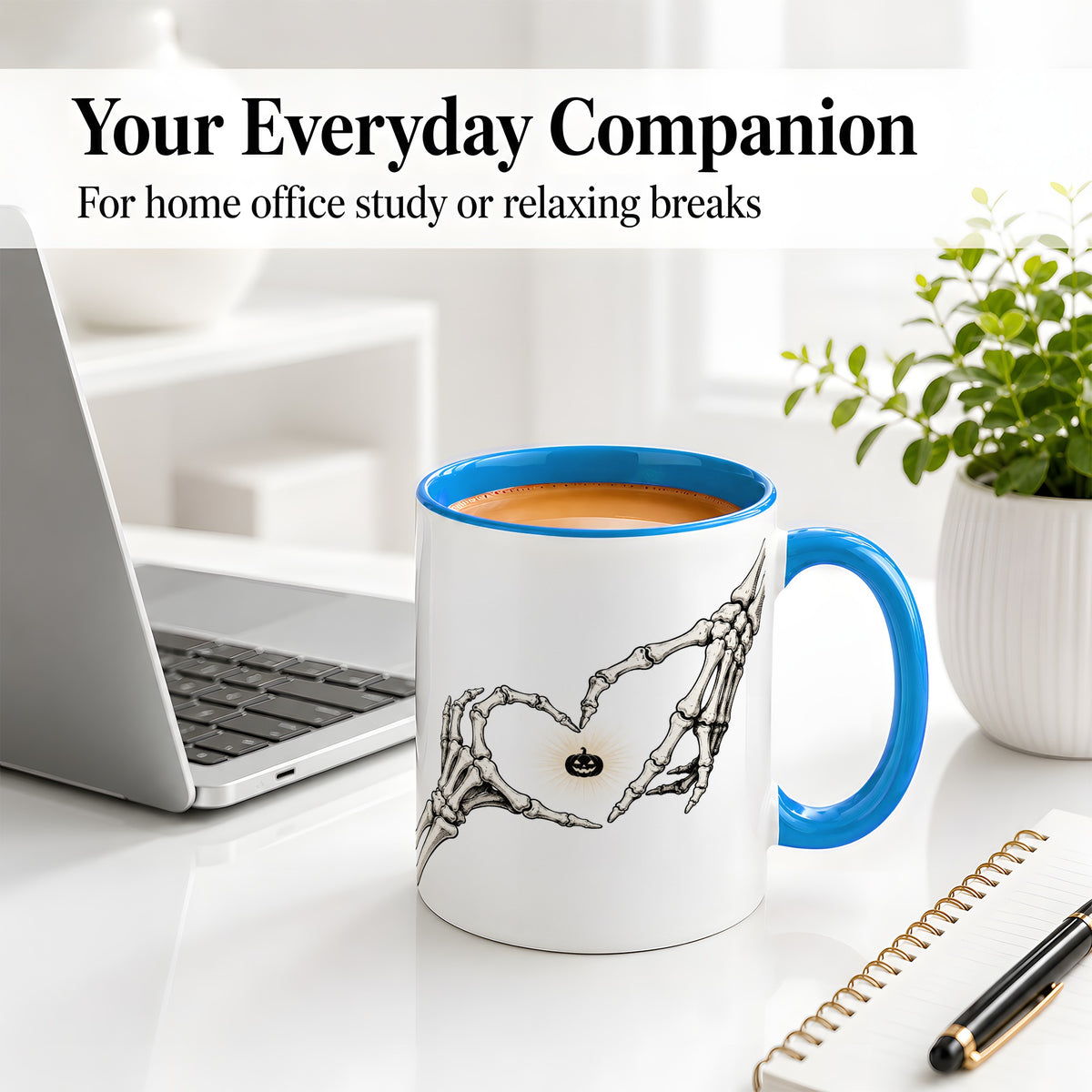 #pl[11oz|Blue] Skeleton Heart Hands Ceramic Mug, Jack O Lantern Halloween Art