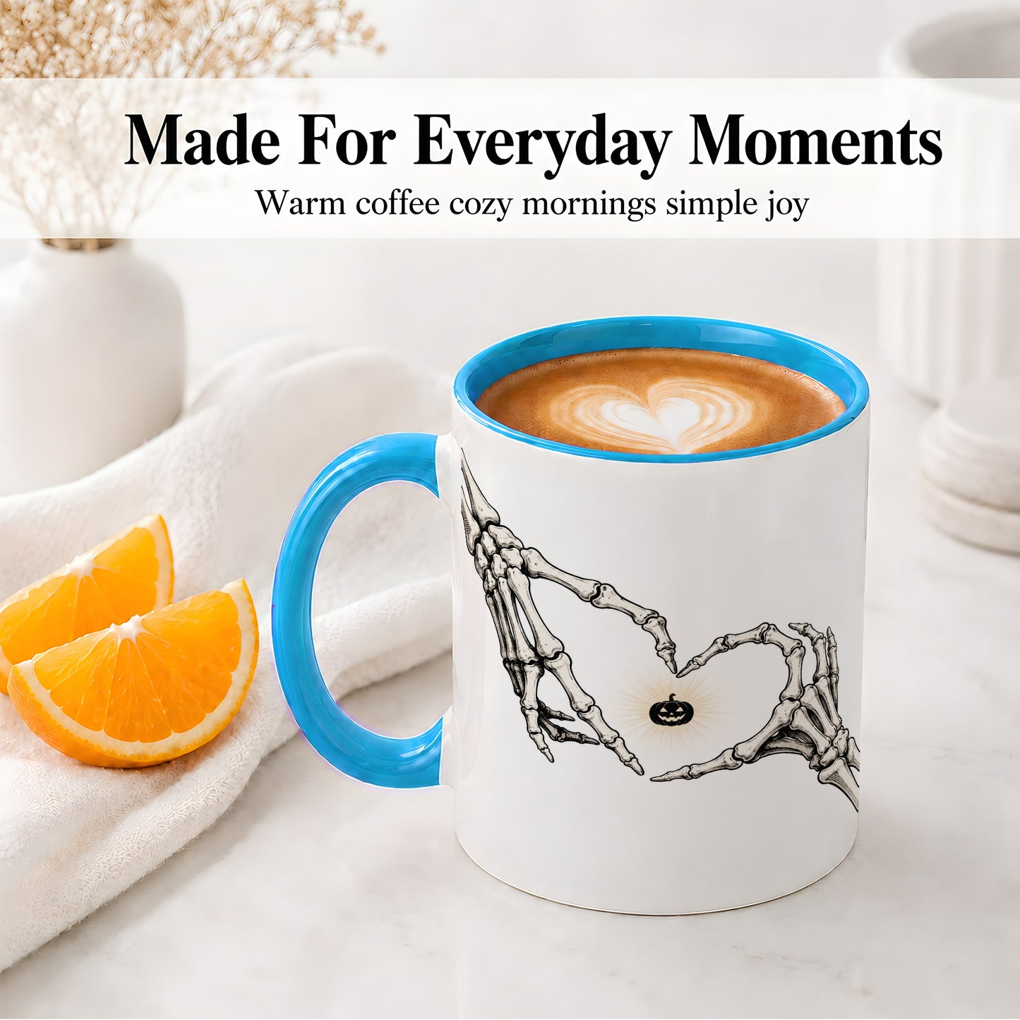 #pl[11oz|Blue] Skeleton Heart Hands Ceramic Mug, Jack O Lantern Halloween Art