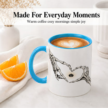 #pl[11oz|Blue] Skeleton Heart Hands Ceramic Mug, Jack O Lantern Halloween Art