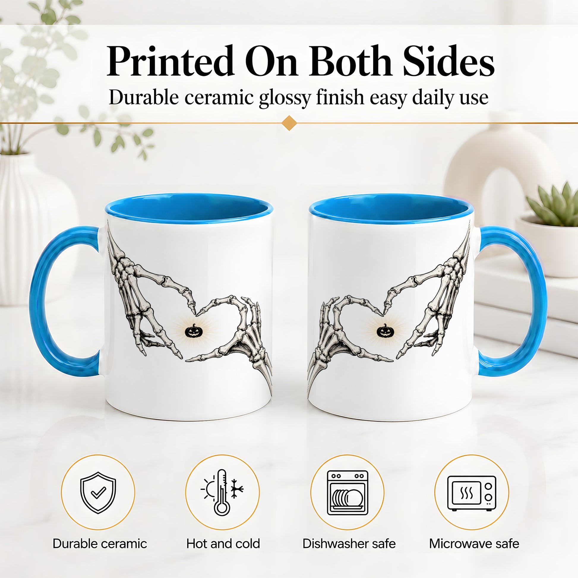#pl[11oz|Blue] Skeleton Heart Hands Ceramic Mug, Jack O Lantern Halloween Art