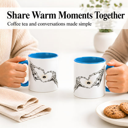 #pl[11oz|Blue] Skeleton Heart Hands Ceramic Mug, Jack O Lantern Halloween Art