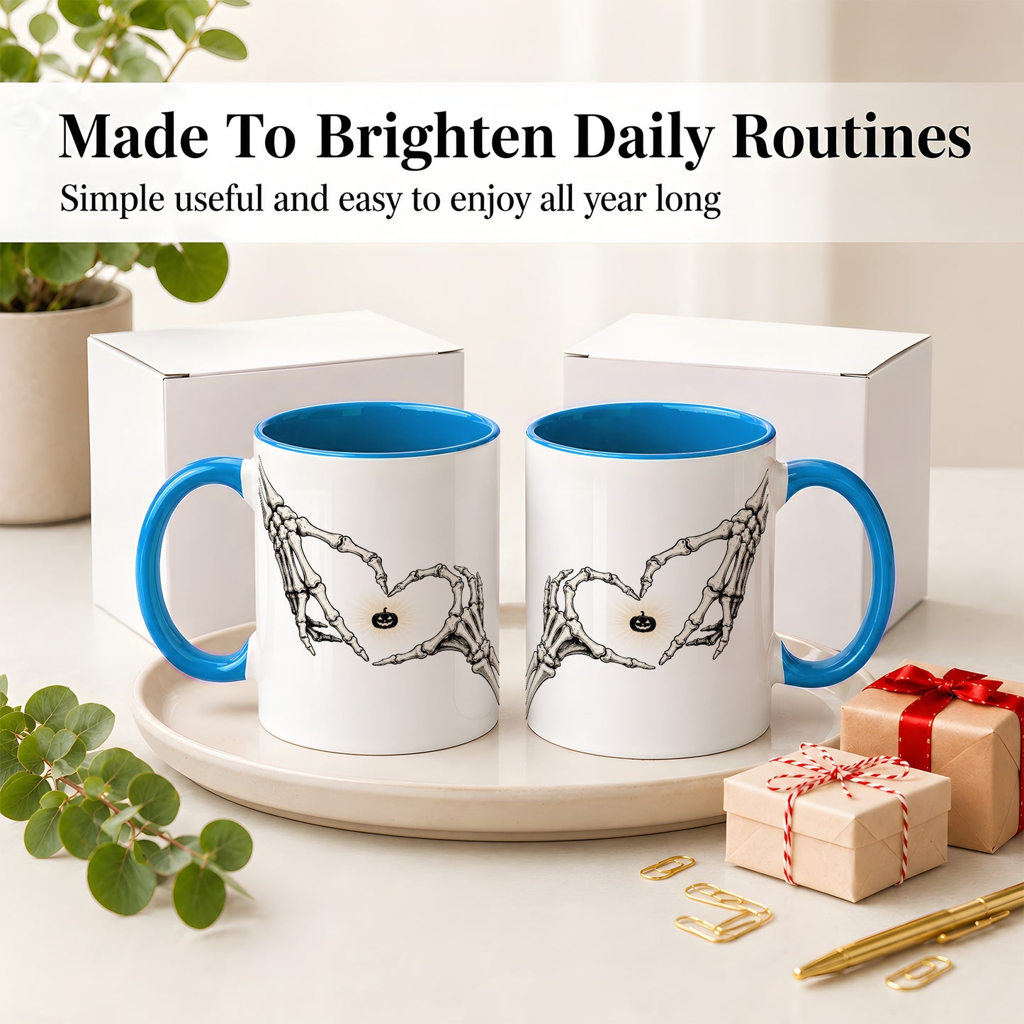 #pl[11oz|Blue] Skeleton Heart Hands Ceramic Mug, Jack O Lantern Halloween Art