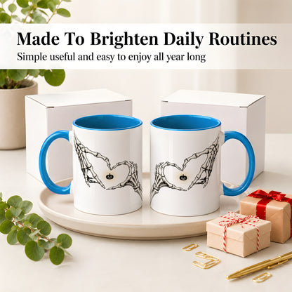 #pl[11oz|Blue] Skeleton Heart Hands Ceramic Mug, Jack O Lantern Halloween Art