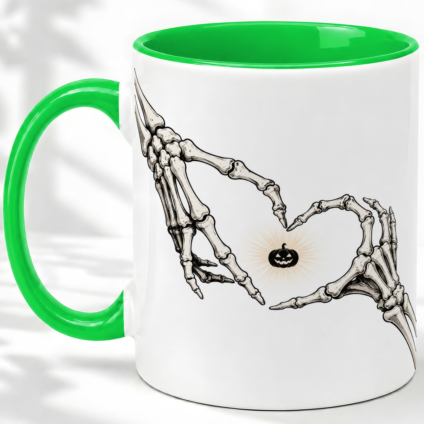 #pl[11oz|Green] Skeleton Heart Hands Ceramic Mug, Jack O Lantern Halloween Art