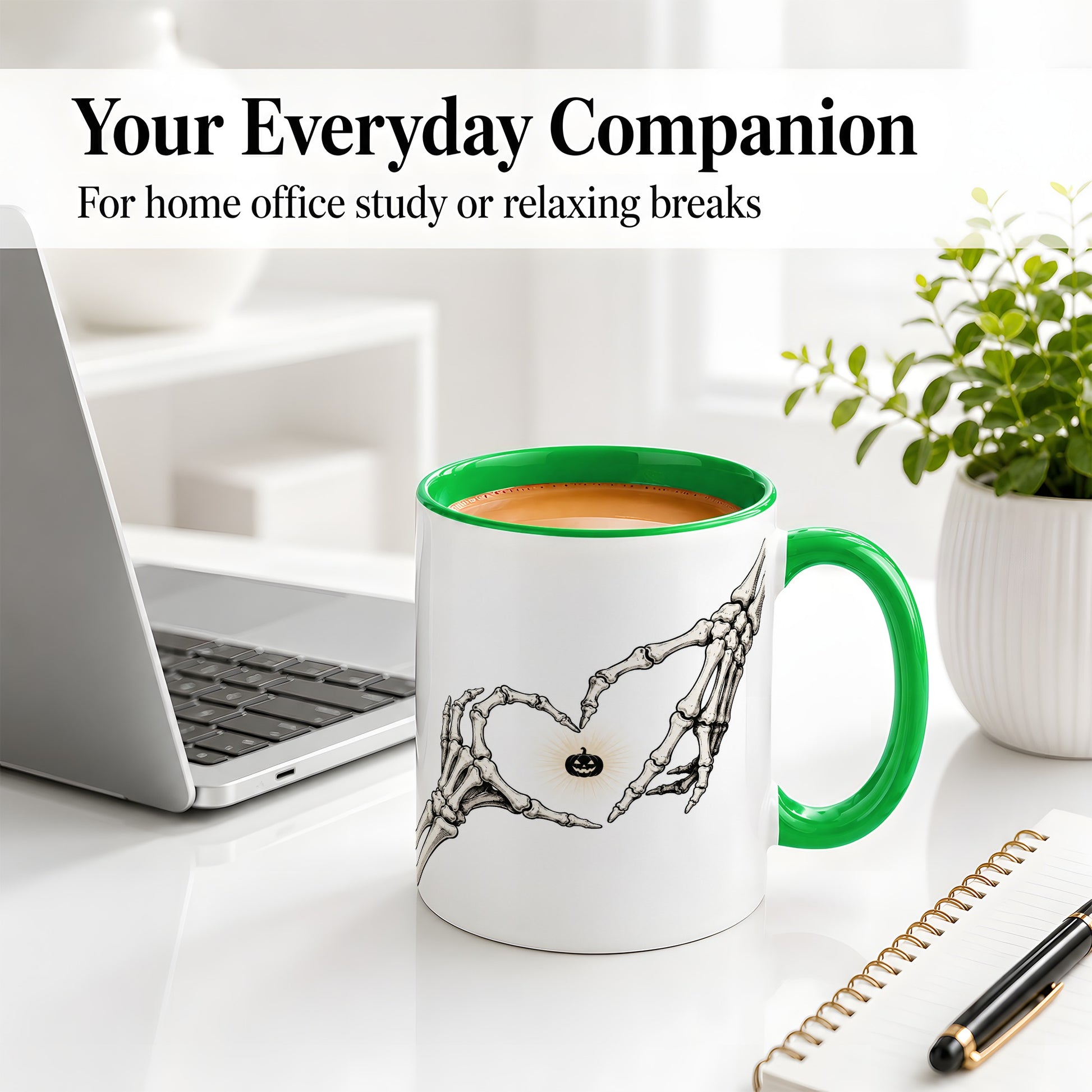 #pl[11oz|Green] Skeleton Heart Hands Ceramic Mug, Jack O Lantern Halloween Art