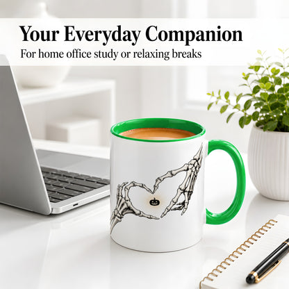 #pl[11oz|Green] Skeleton Heart Hands Ceramic Mug, Jack O Lantern Halloween Art