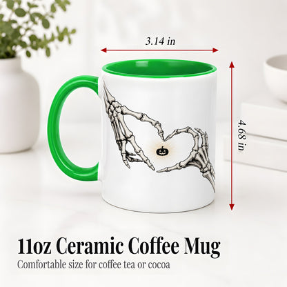 #pl[11oz|Green] Skeleton Heart Hands Ceramic Mug, Jack O Lantern Halloween Art