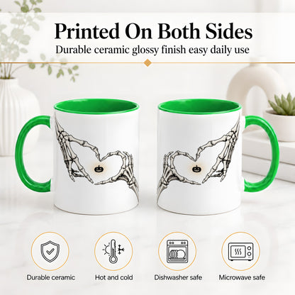 #pl[11oz|Green] Skeleton Heart Hands Ceramic Mug, Jack O Lantern Halloween Art
