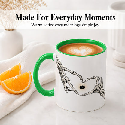 #pl[11oz|Green] Skeleton Heart Hands Ceramic Mug, Jack O Lantern Halloween Art