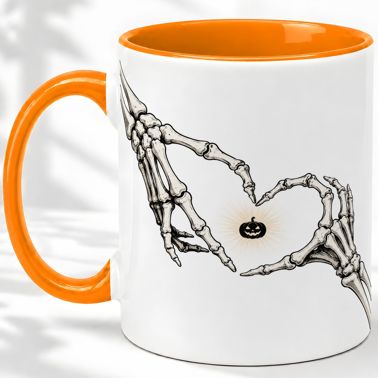 #pl[11oz|Orange] Skeleton Heart Hands Ceramic Mug, Jack O Lantern Halloween Art