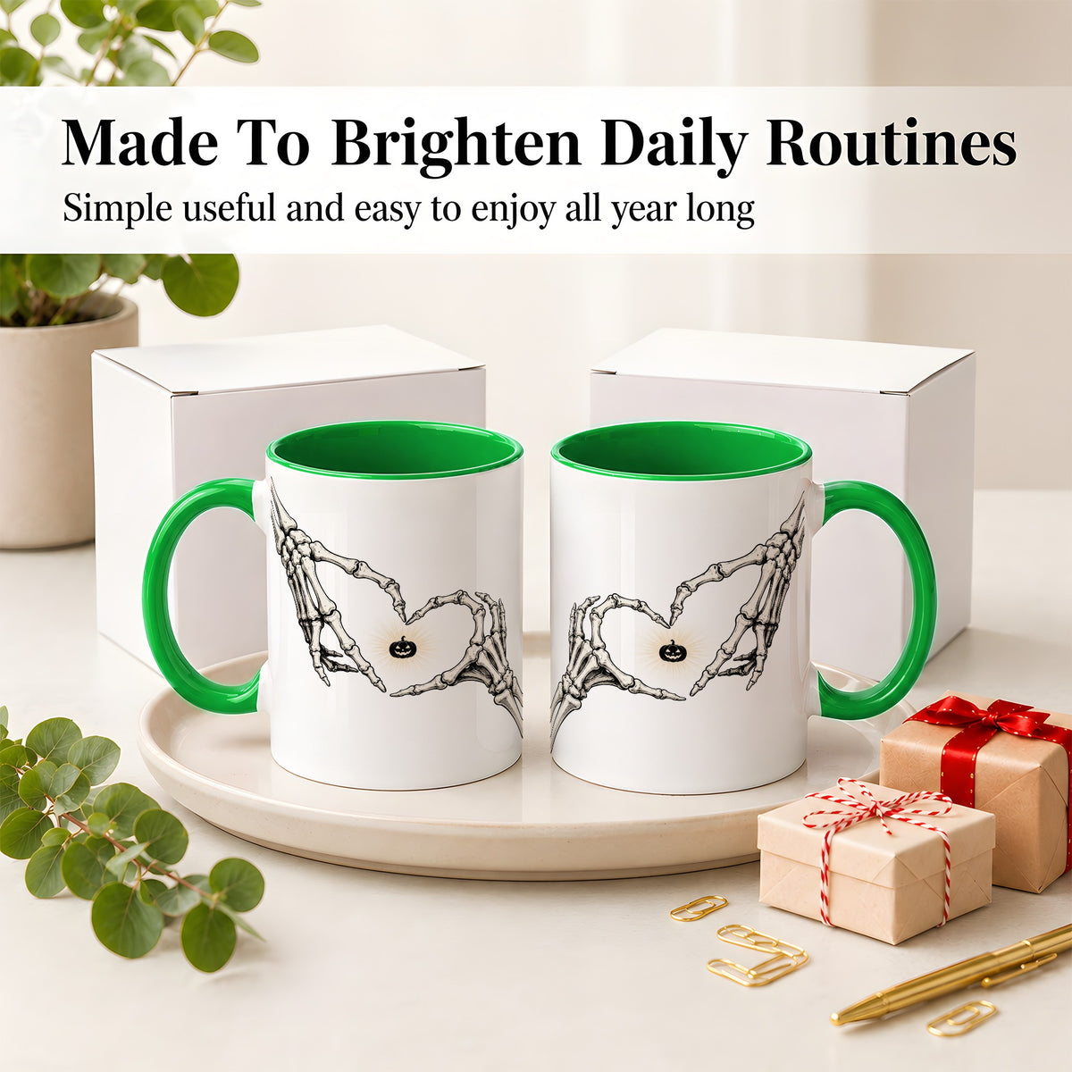#pl[11oz|Green] Skeleton Heart Hands Ceramic Mug, Jack O Lantern Halloween Art